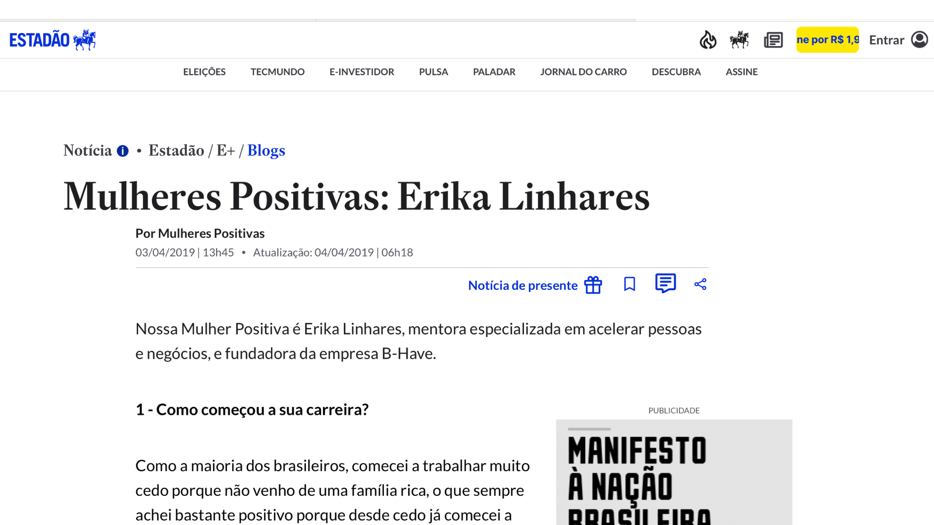 Estadão — Mulheres Positivas — Erika Linhares